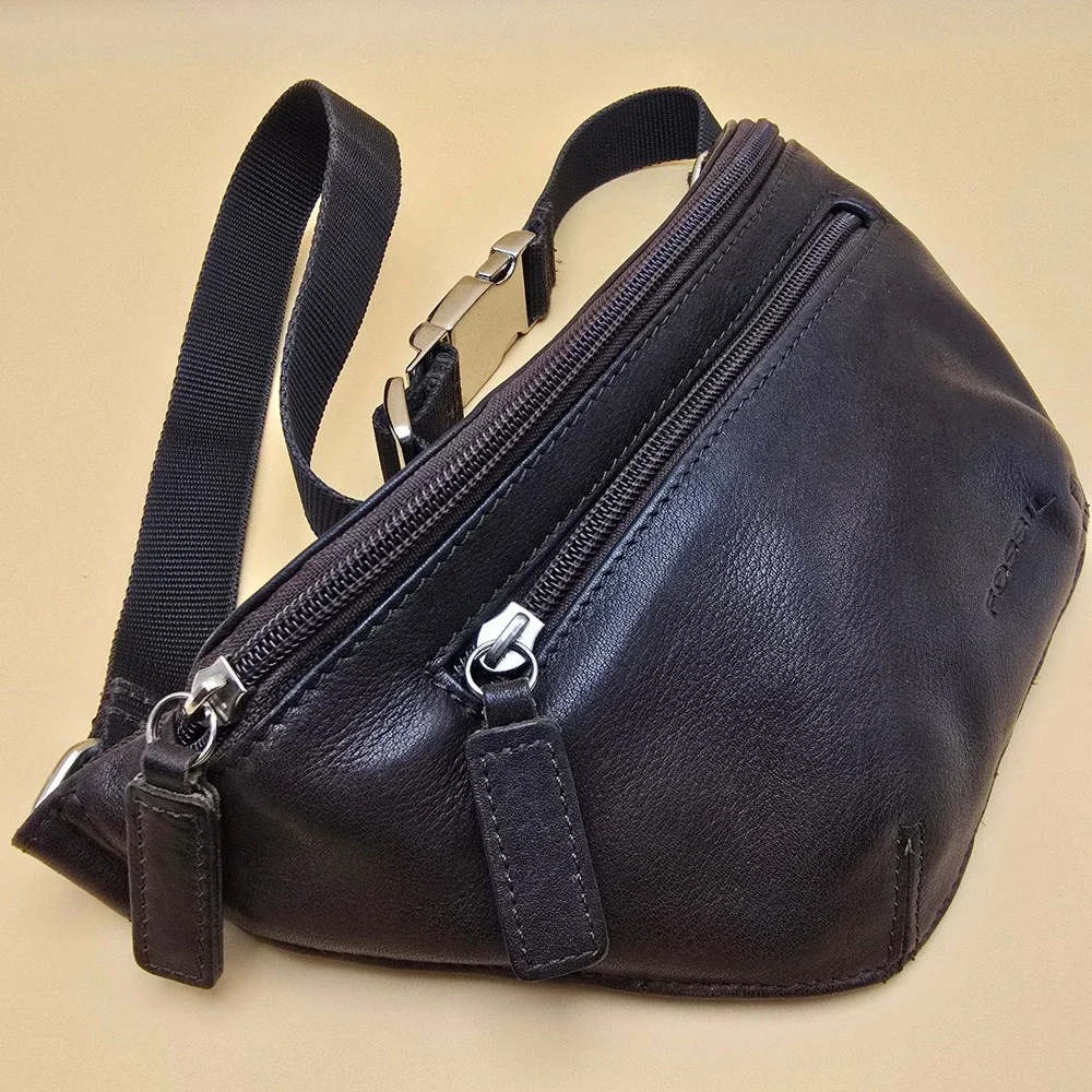 Fossil Womens Leather Belt Bag Waist Pack Dark Brown  Strap Zip Pockets